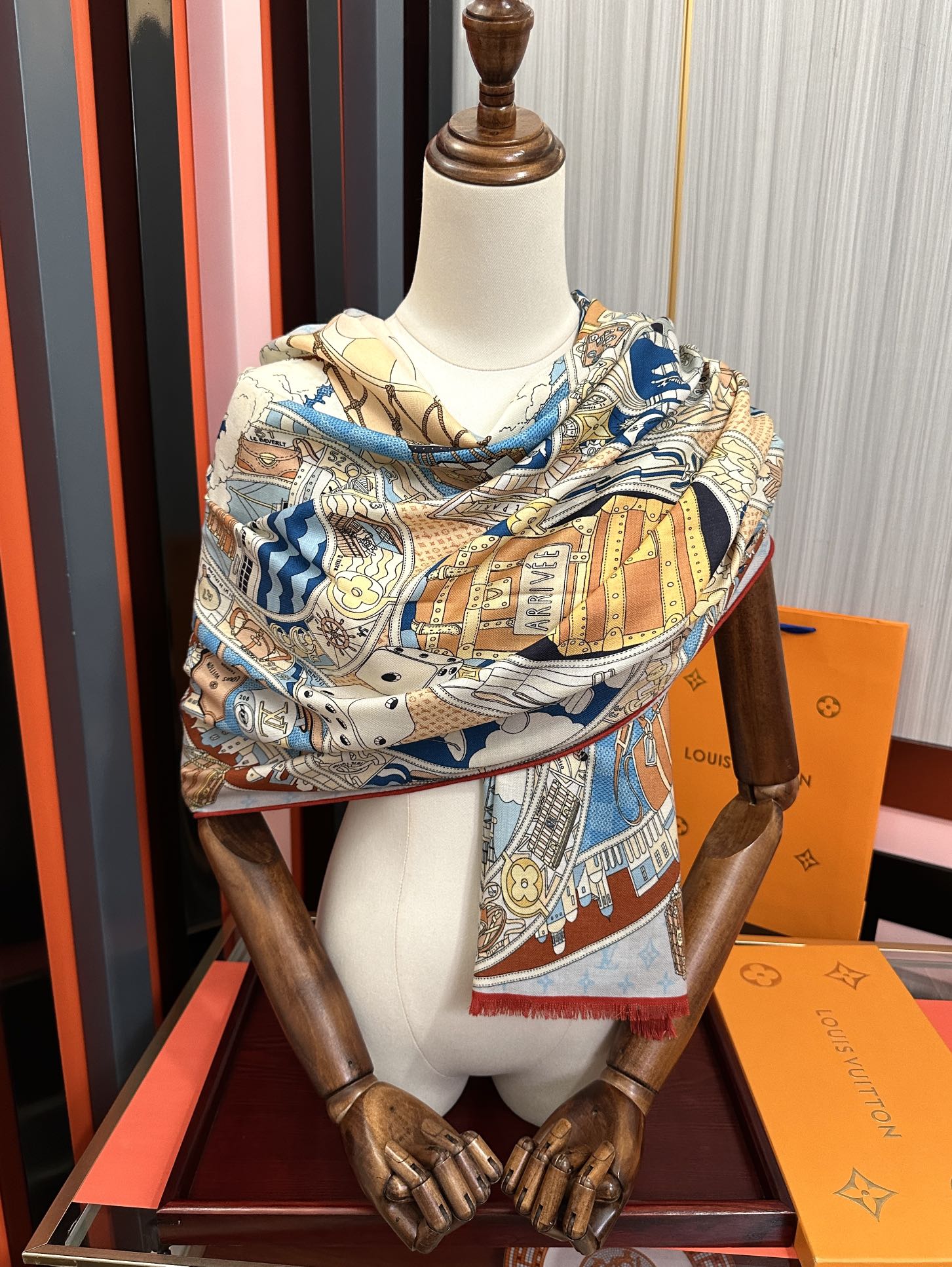 LV原單絲巾女款城市地圖印花藍紅拼色輕薄百搭｜歐美奢侈品精品推薦