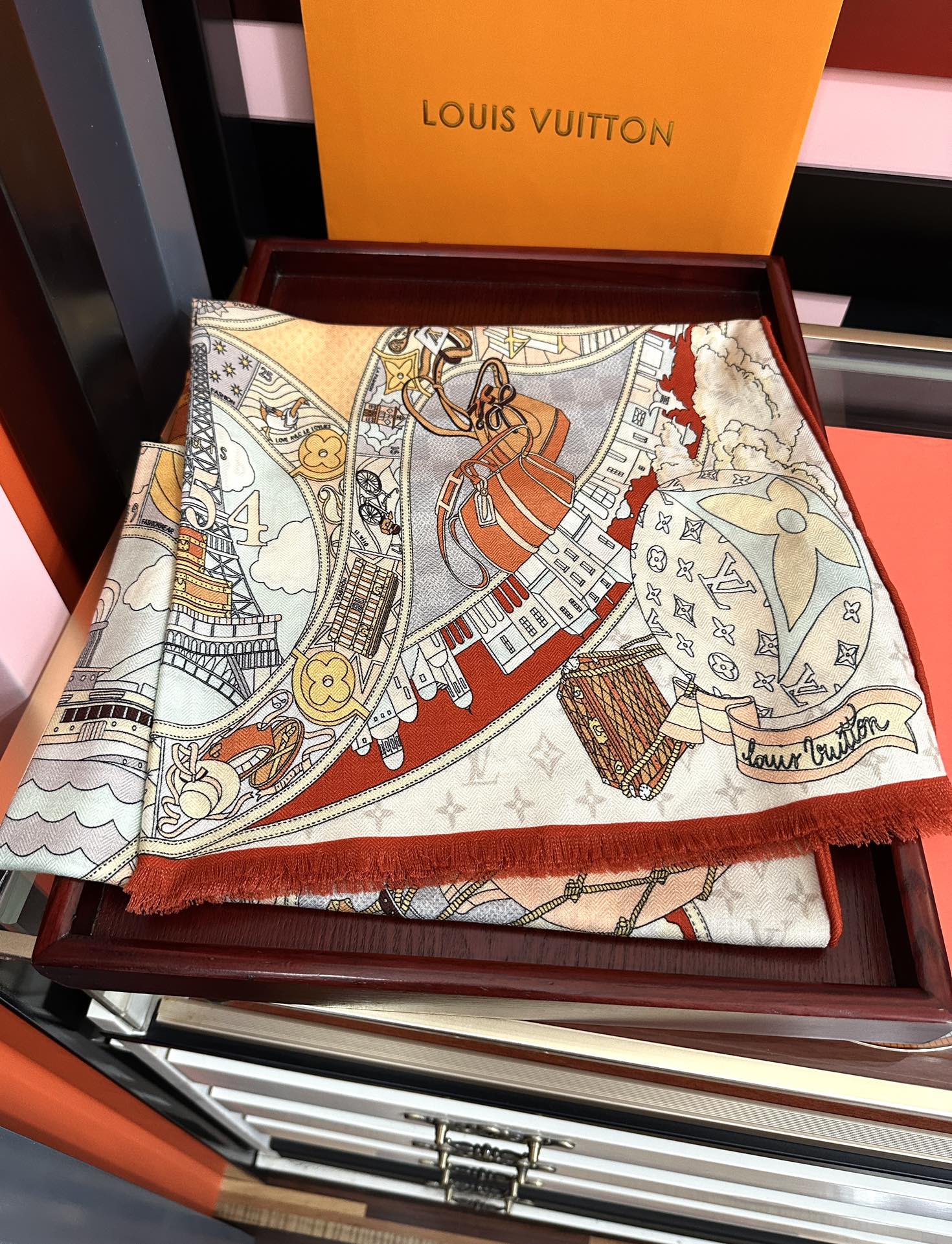 LV一比一絲巾女款城市插畫圖騰全幅開展款設計絲質長巾