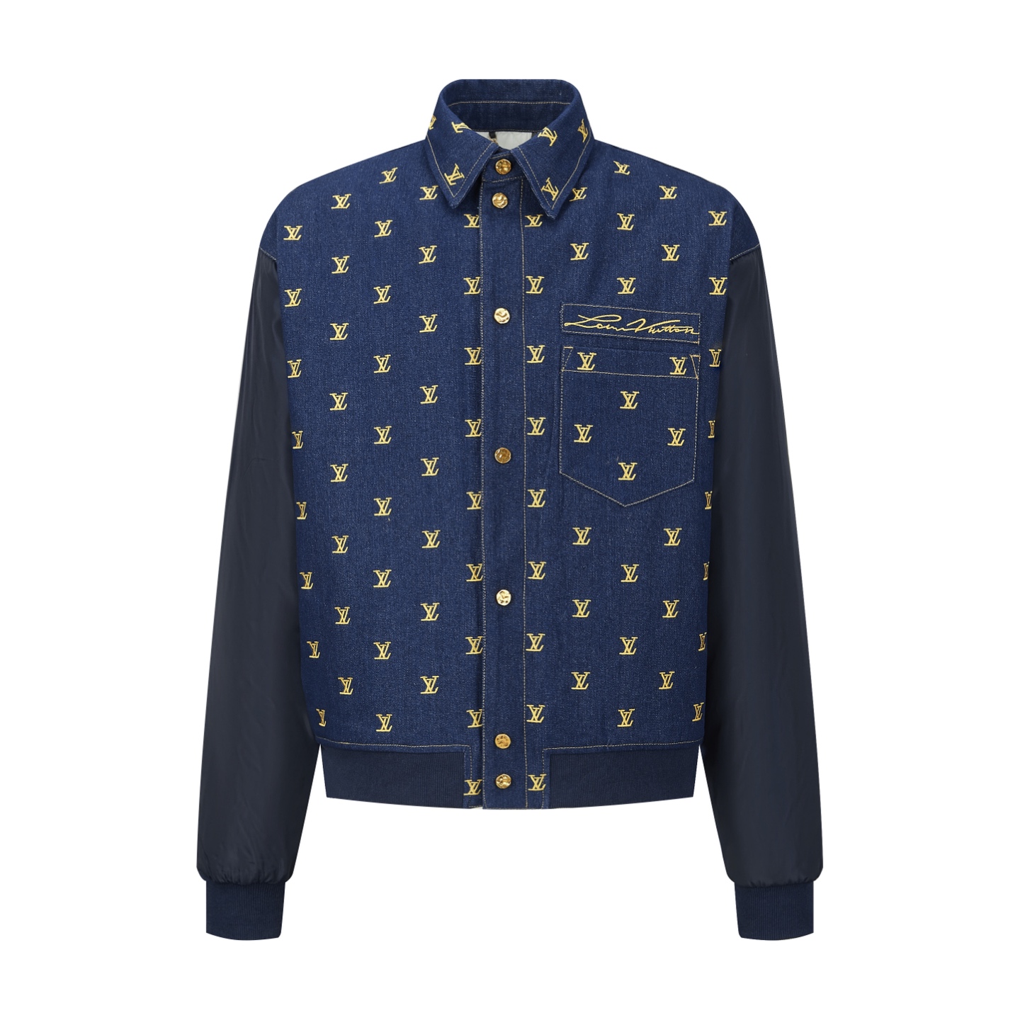LV高仿男士拼接丹寧外套 滿版金色字母輕奢風格
