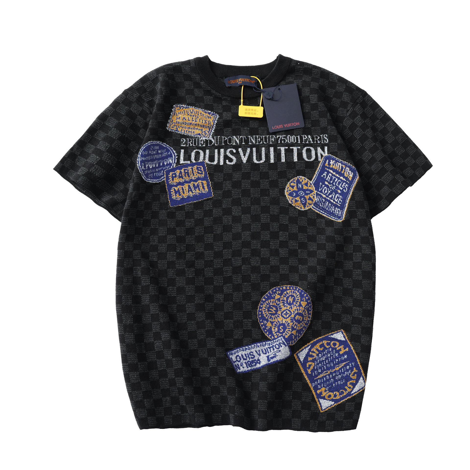LV一比一刺繡貼章格紋短袖T 黑底設計 男用圖騰刺繡滿版短T
