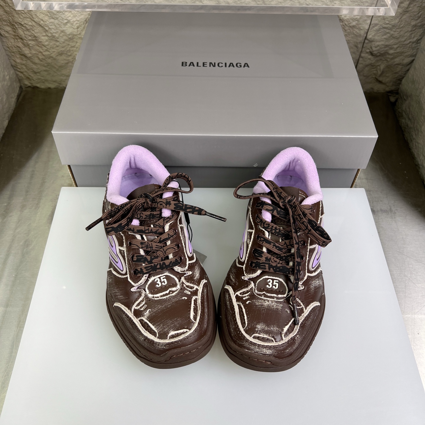 Balenciaga 高仿滑板鞋女款 咖啡紫塗鴉設計 復古刷舊街頭風格