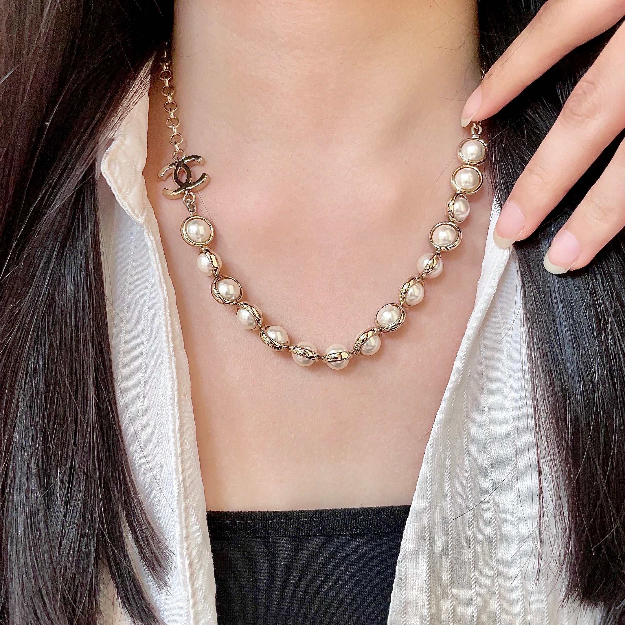 Chanel 原單白珍珠項鍊 經典雙C點綴 百搭氣質頸鏈