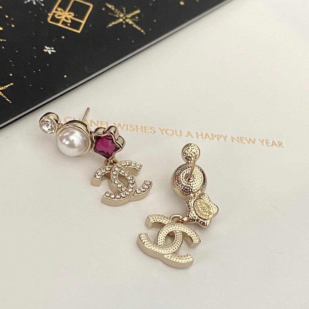 Chanel 高仿珍珠粉鑽雙C耳環 星型寶石甜美造型設計| 11 Chanel 高仿珍珠粉鑽雙C耳環 星型寶石甜美造型設計