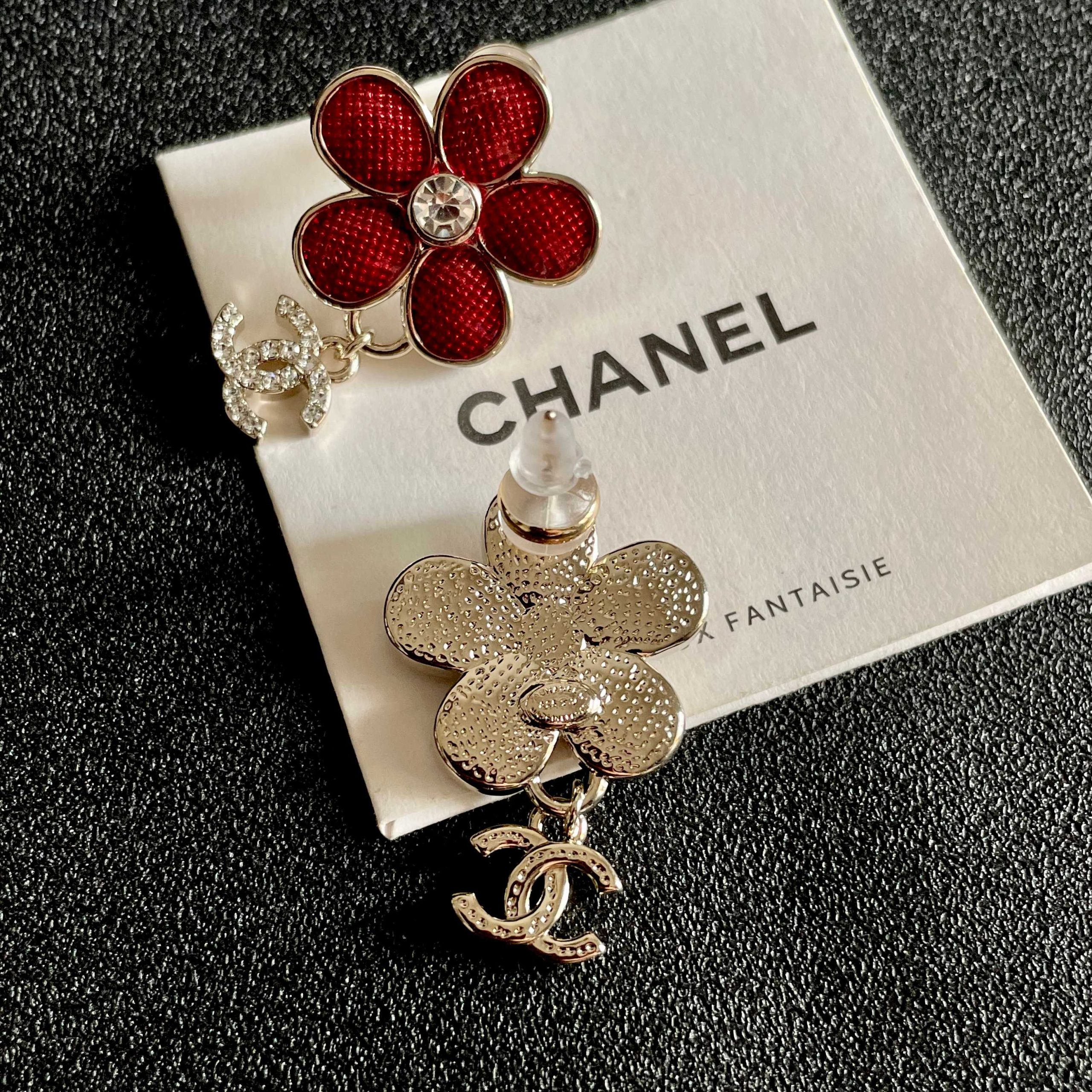 Chanel A貨紅花耳環 雙C吊飾花瓣鑽飾女士風格耳釘| 9 Chanel A貨紅花耳環 雙C吊飾花瓣鑽飾女士風格耳釘