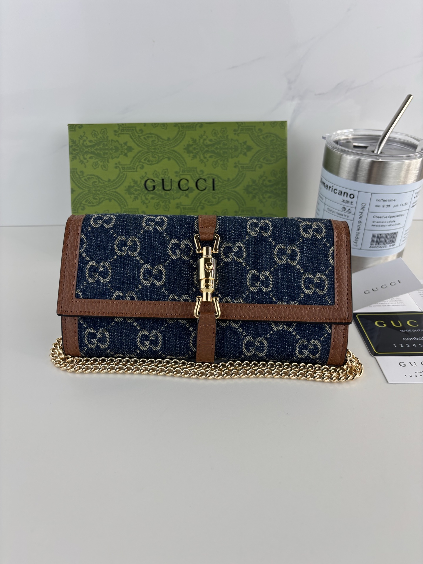 Gucci高仿女用喬姬包 牛仔GG老花金鍊鏈條設計優雅百搭