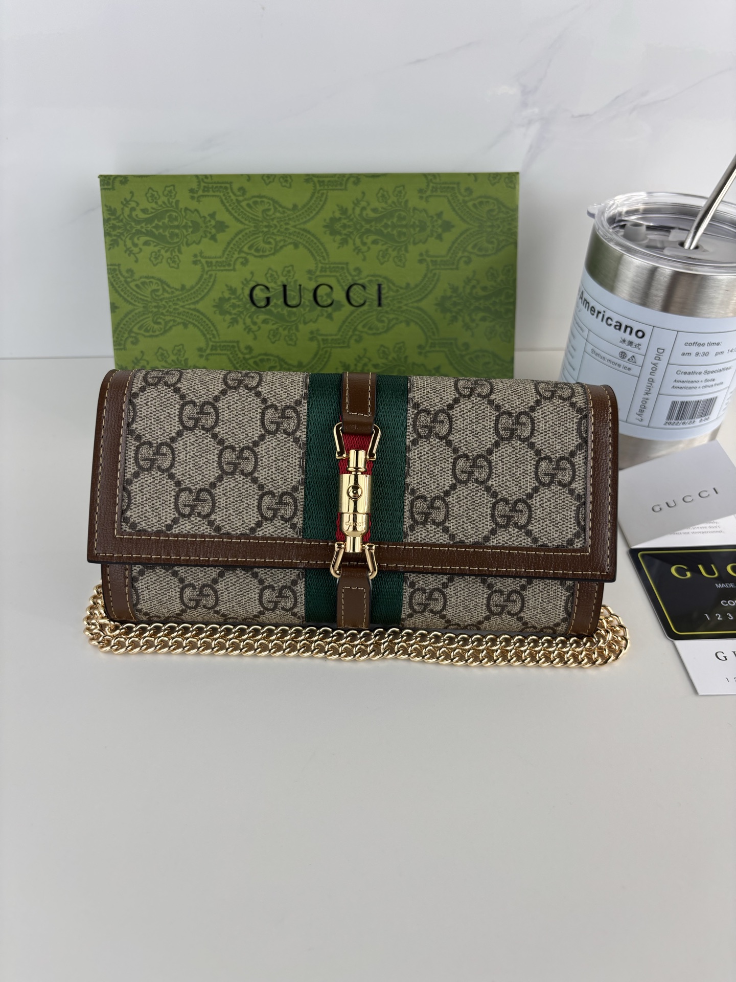 Gucci原單女用喬姬鏈條包 GG老花綠紅織帶復古扣飾設計