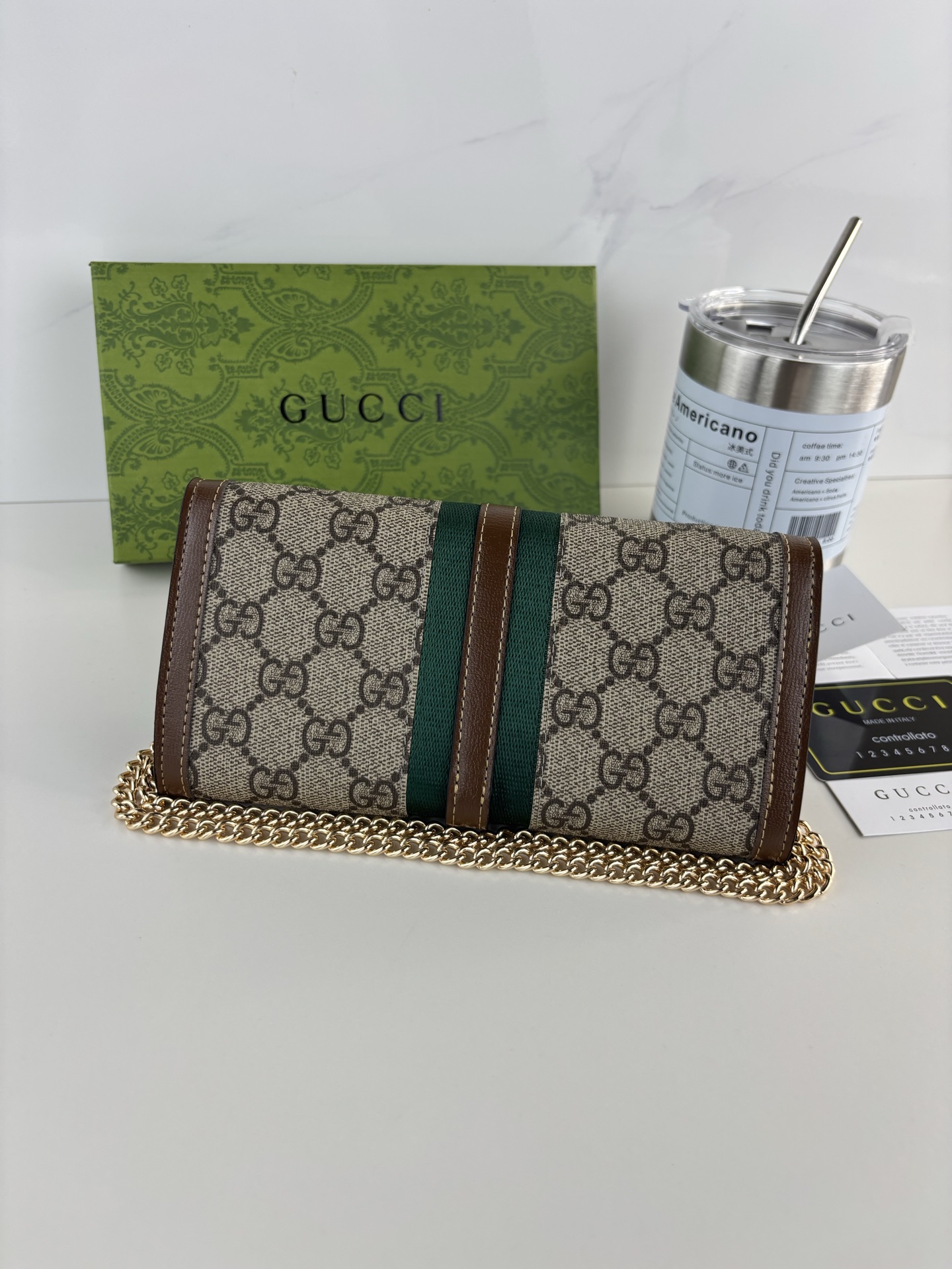 Gucci原單女用喬姬鏈條包 GG老花綠紅織帶復古扣飾設計｜歐美奢侈品精品推薦