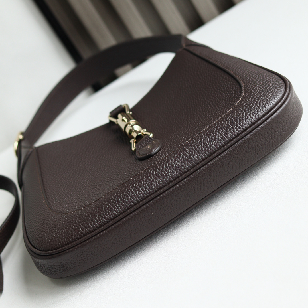 Gucci原單Jackie 1961荔枝紋粒面肩背包 深咖復古皮革手袋