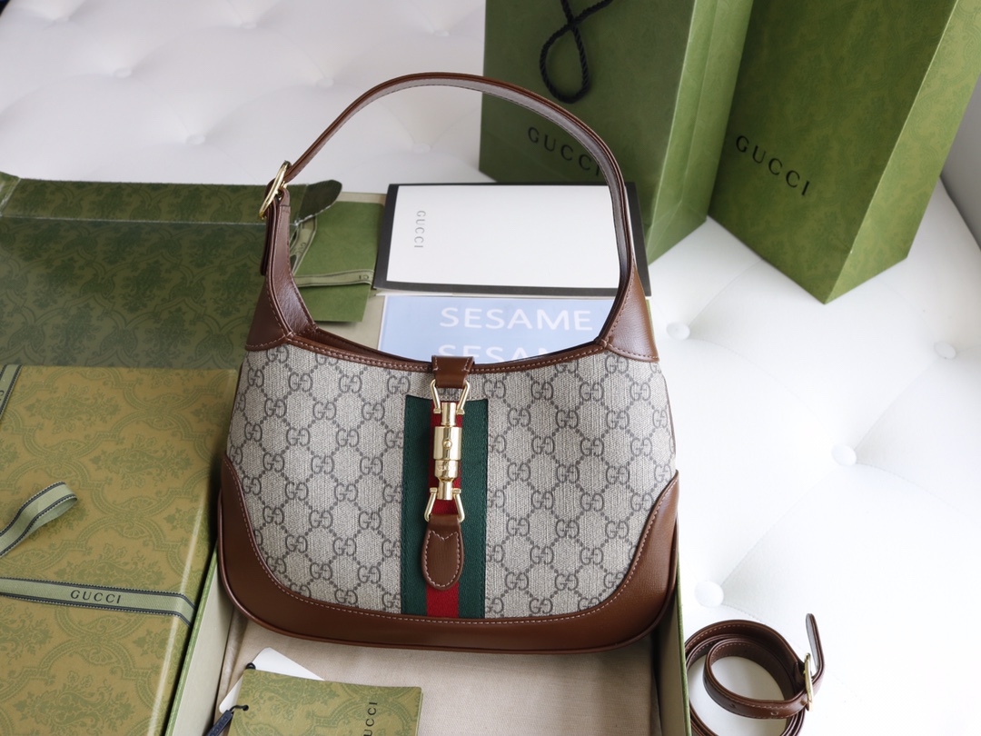 Gucci原單Jackie 1961 GG老花拼皮包款 經典帆布與棕皮結合設計