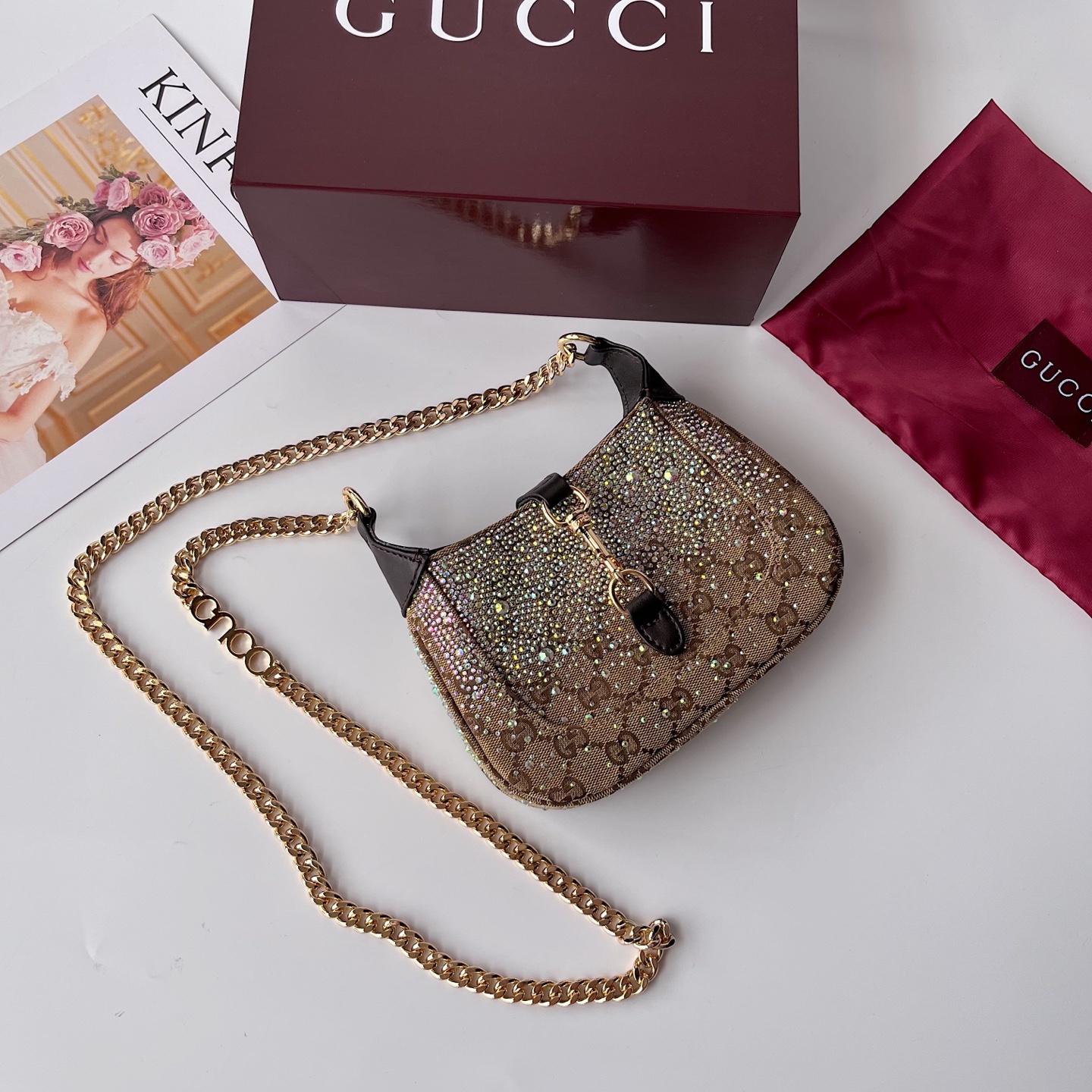 Gucci原單Jackie 1961亮鑽小包 GG老花拼黑皮金鍊肩背鏈包