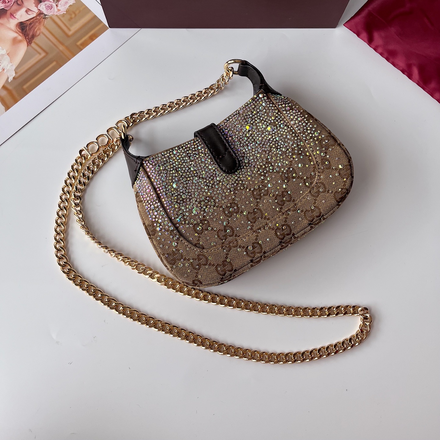 Gucci原單Jackie 1961亮鑽小包 GG老花拼黑皮金鍊肩背鏈包|超A仿原單精品圖片 13 Gucci原單Jackie 1961亮鑽小包 GG老花拼黑皮金鍊肩背鏈包|歐美奢侈品精品推薦