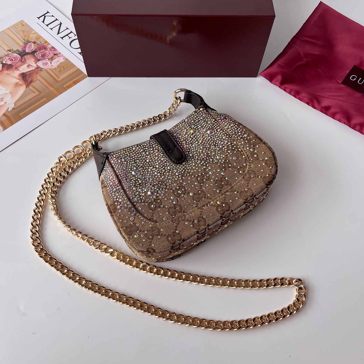 Gucci原單Jackie 1961亮鑽小包 GG老花拼黑皮金鍊肩背鏈包|超A仿原單精品圖片 12 Gucci原單Jackie 1961亮鑽小包 GG老花拼黑皮金鍊肩背鏈包|歐美奢侈品精品推薦