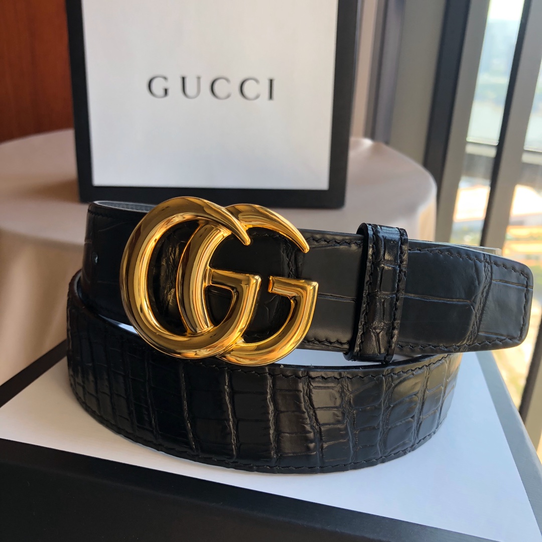 Gucci 精品仿製男士金扣鱷魚壓紋皮帶 商務休閒雙用款