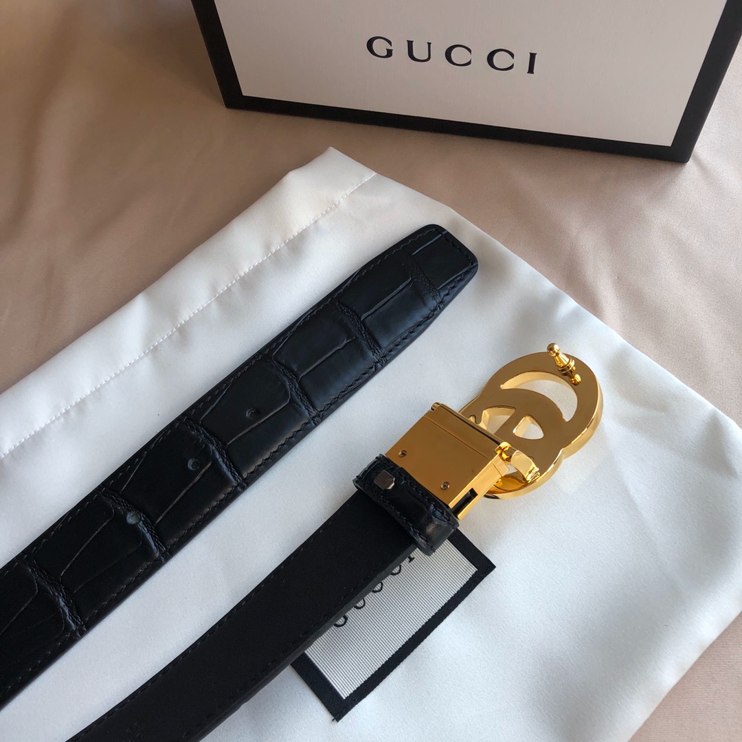 Gucci 精品仿製男士金扣鱷魚壓紋皮帶 商務休閒雙用款｜歐美奢侈品精品推薦