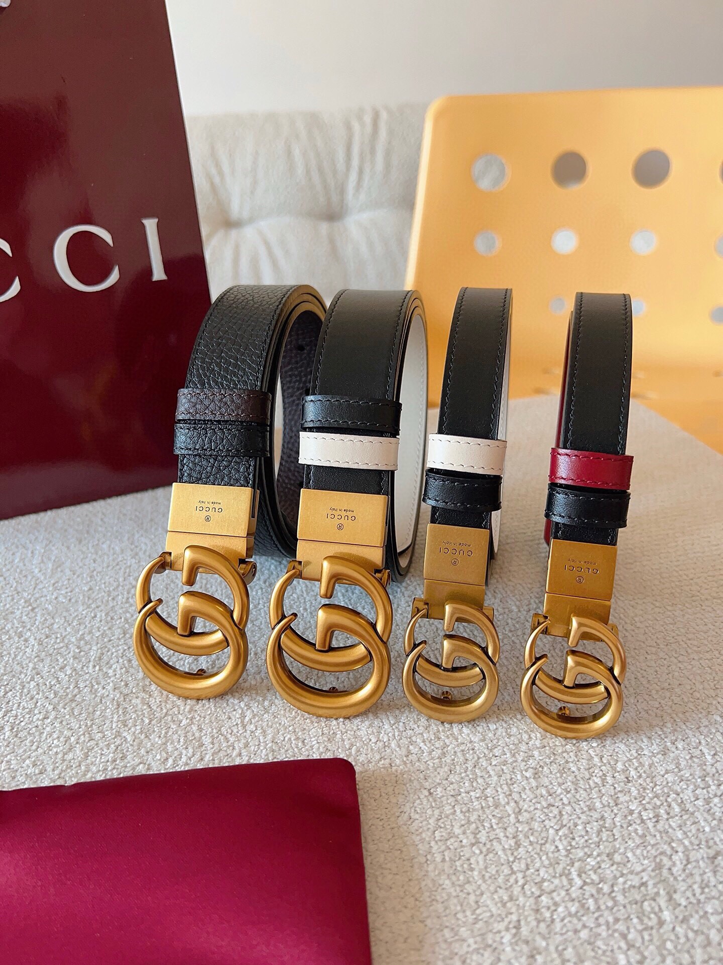 Gucci A貨金扣皮帶四色拼接設計 男士復古造型款