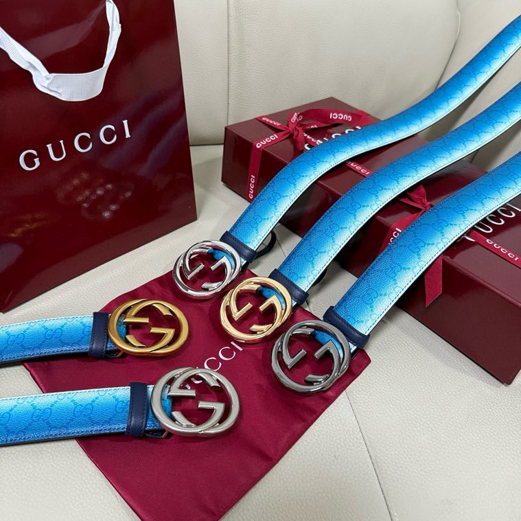 Gucci A貨漸層藍GG皮帶 雙G蛇扣個性造型款