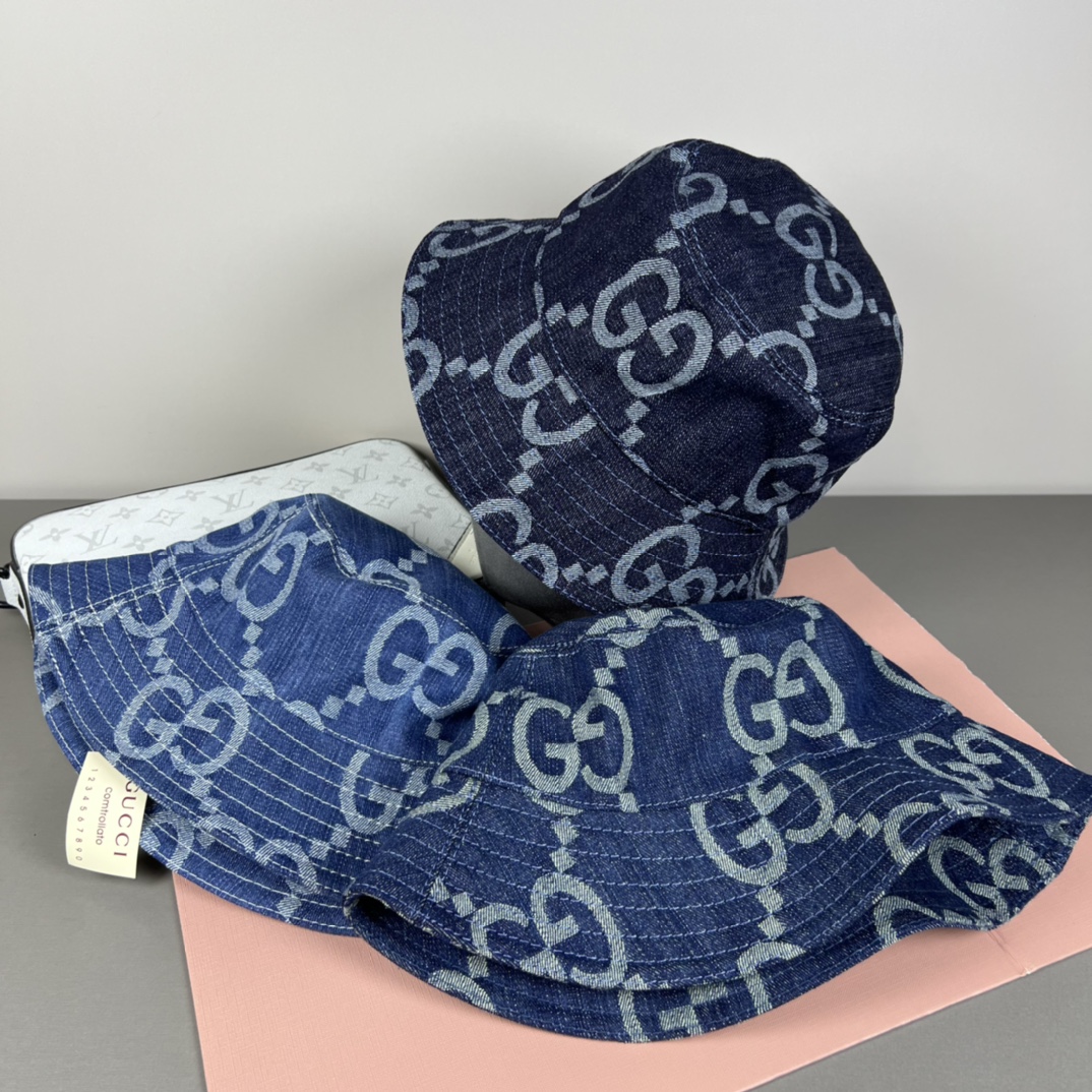 GucciA貨丹寧漁夫帽 三色滿版GG刺繡設計 街頭復古風格