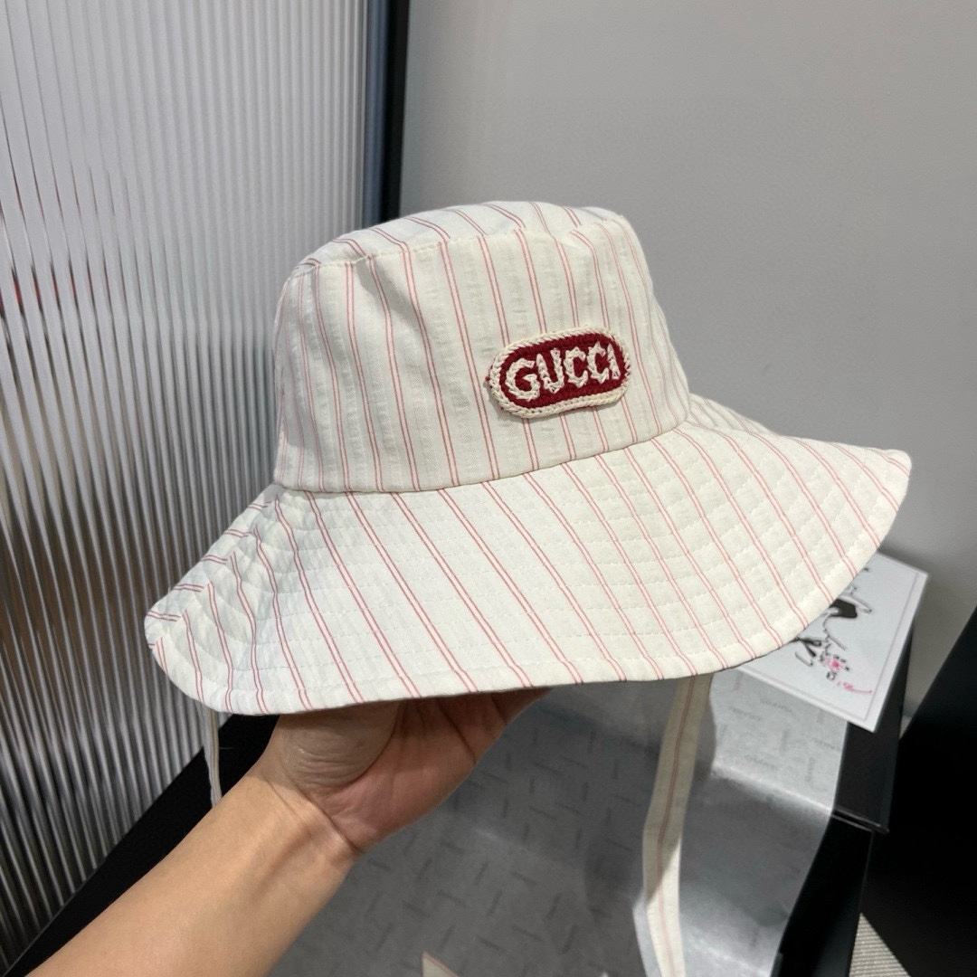 Gucci一比一條紋拼布漁夫帽 男女款紅線LOGO夏日寬簷帽