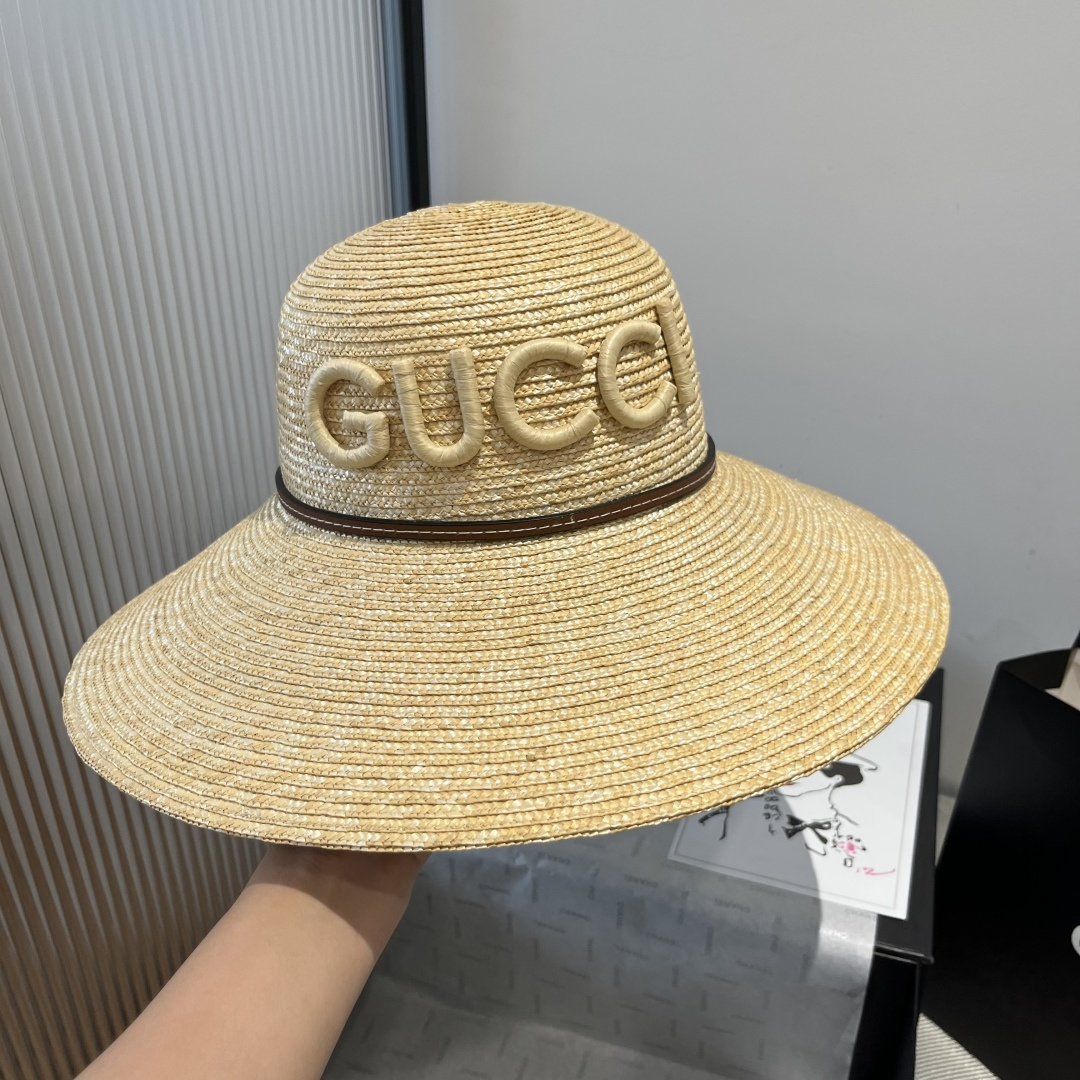 Gucci高仿大圓簷遮陽帽 女款GUCCI立體字母設計 夏季氣質造型帽