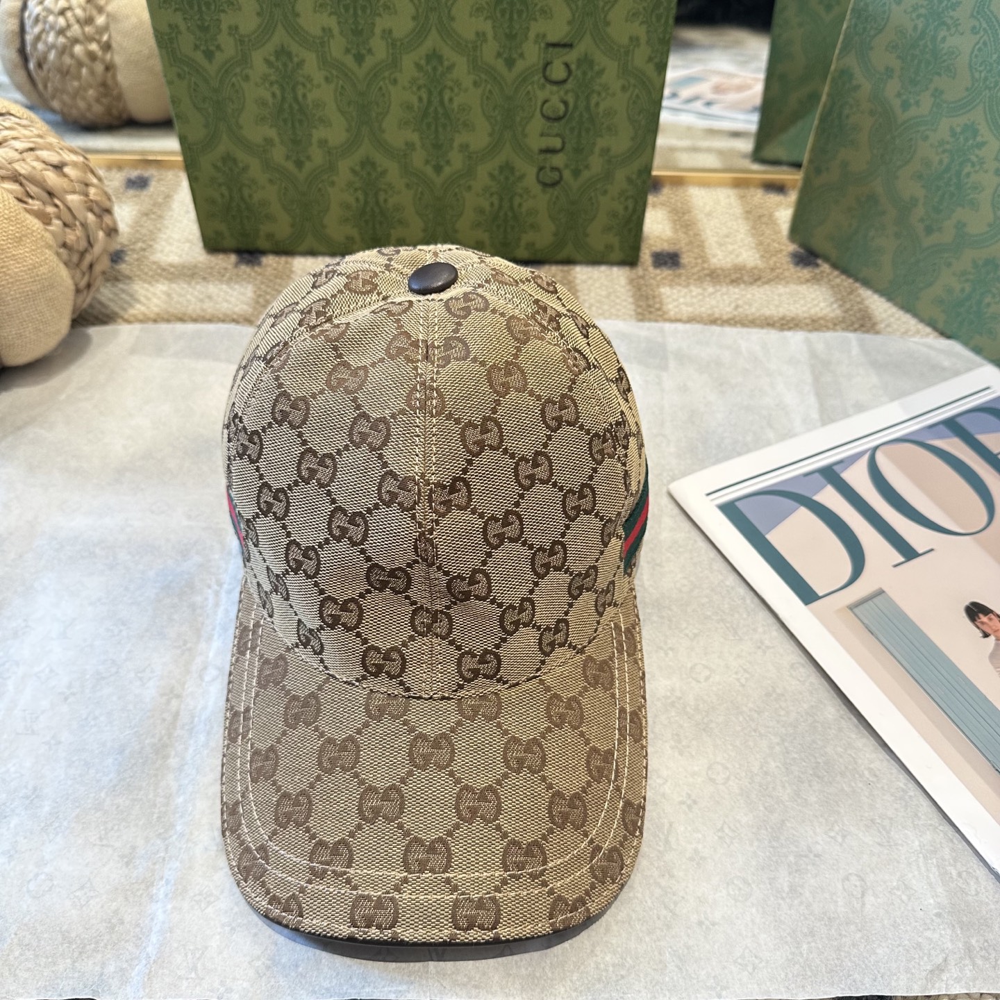 Gucci精品仿製 GG全老花棒球帽 雙側綠紅織帶點綴款