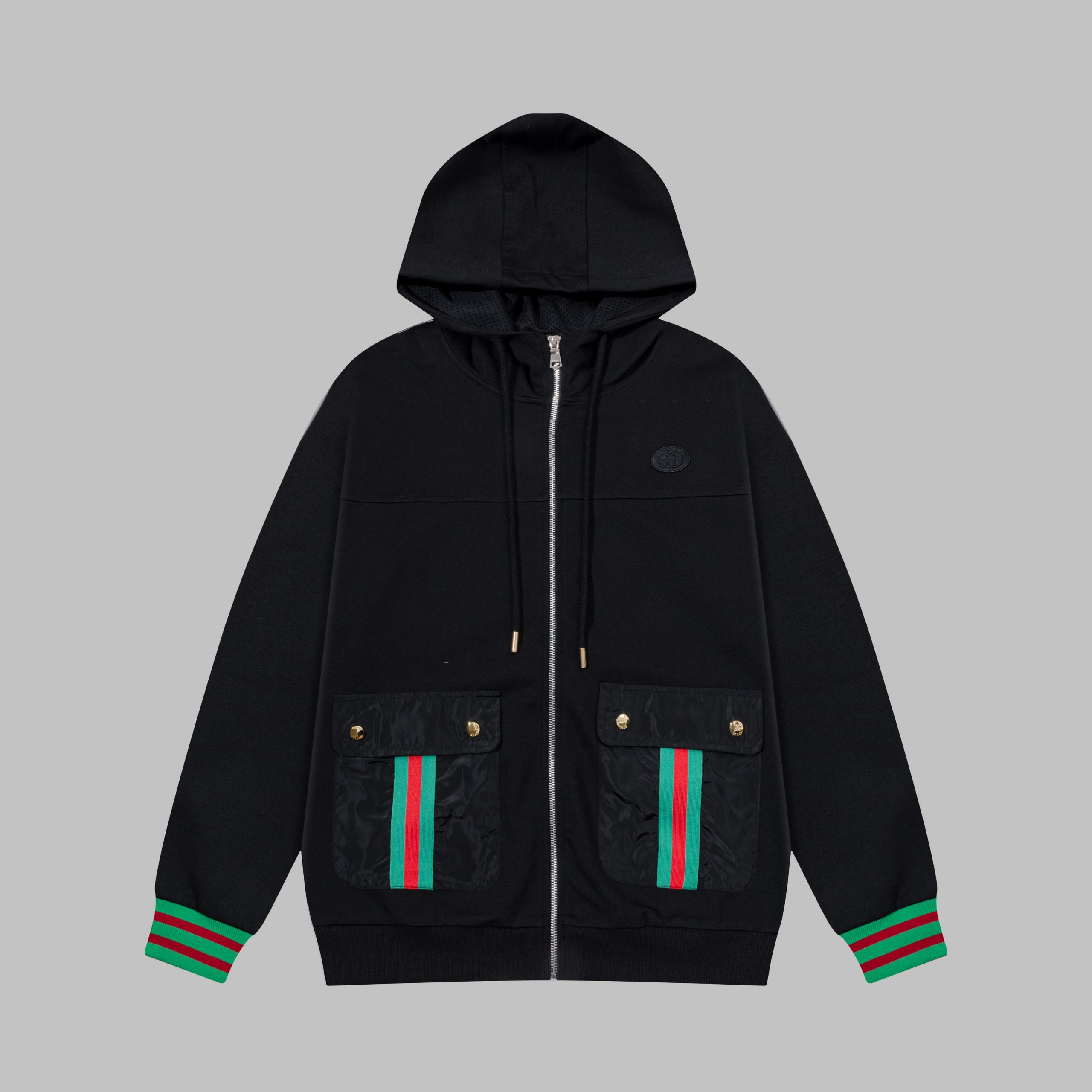Gucci高仿黑色帽外套男款雙口袋綠紅條拼接設計