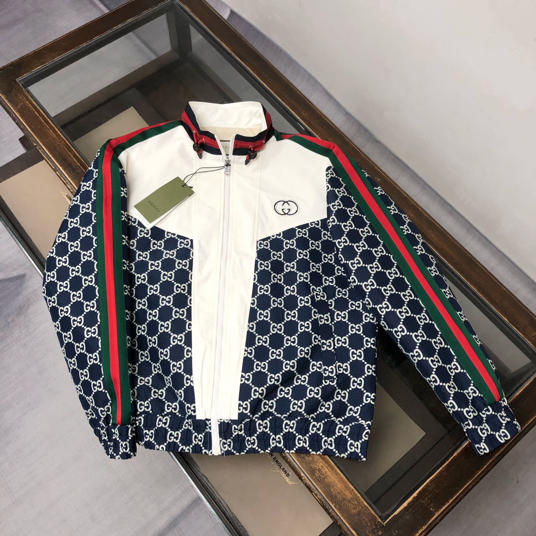 Gucci高仿男士運動風外套 海軍藍滿版GG拼白撞色設計