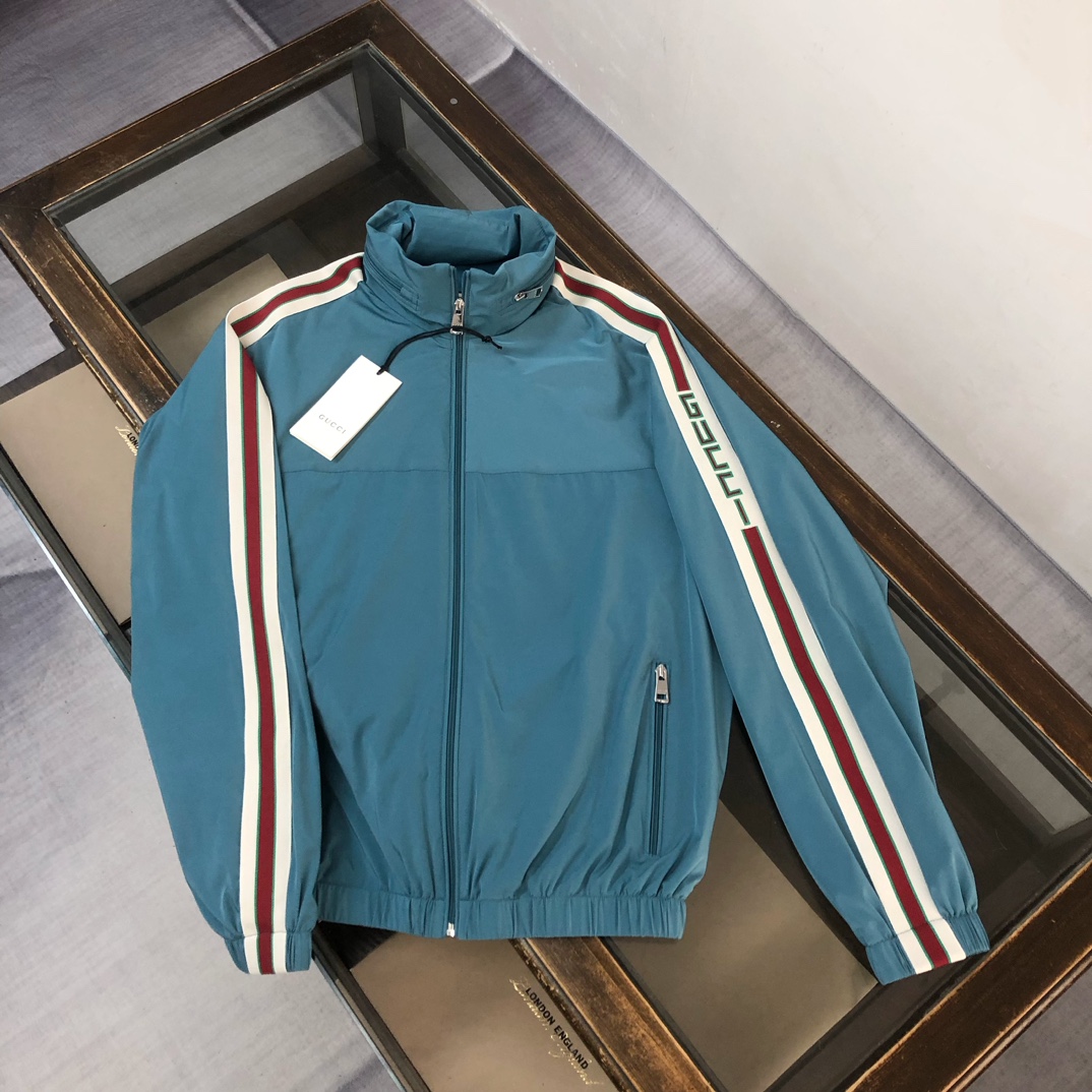 Gucci一比一藍綠條紋運動外套 立領復古風修身款