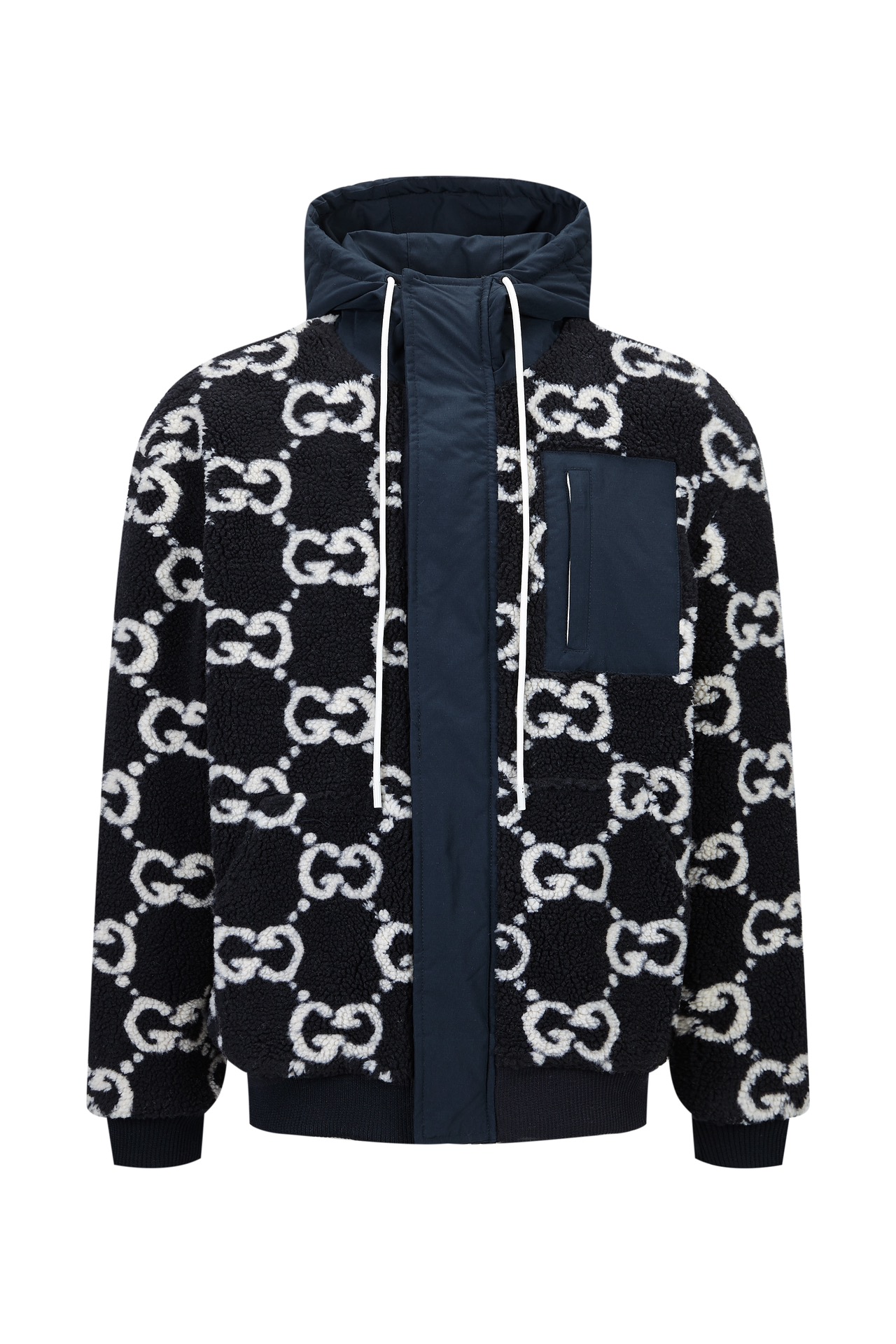 Gucci高仿男款連帽外套 黑白羊羔毛拼接 GG老花潮流款