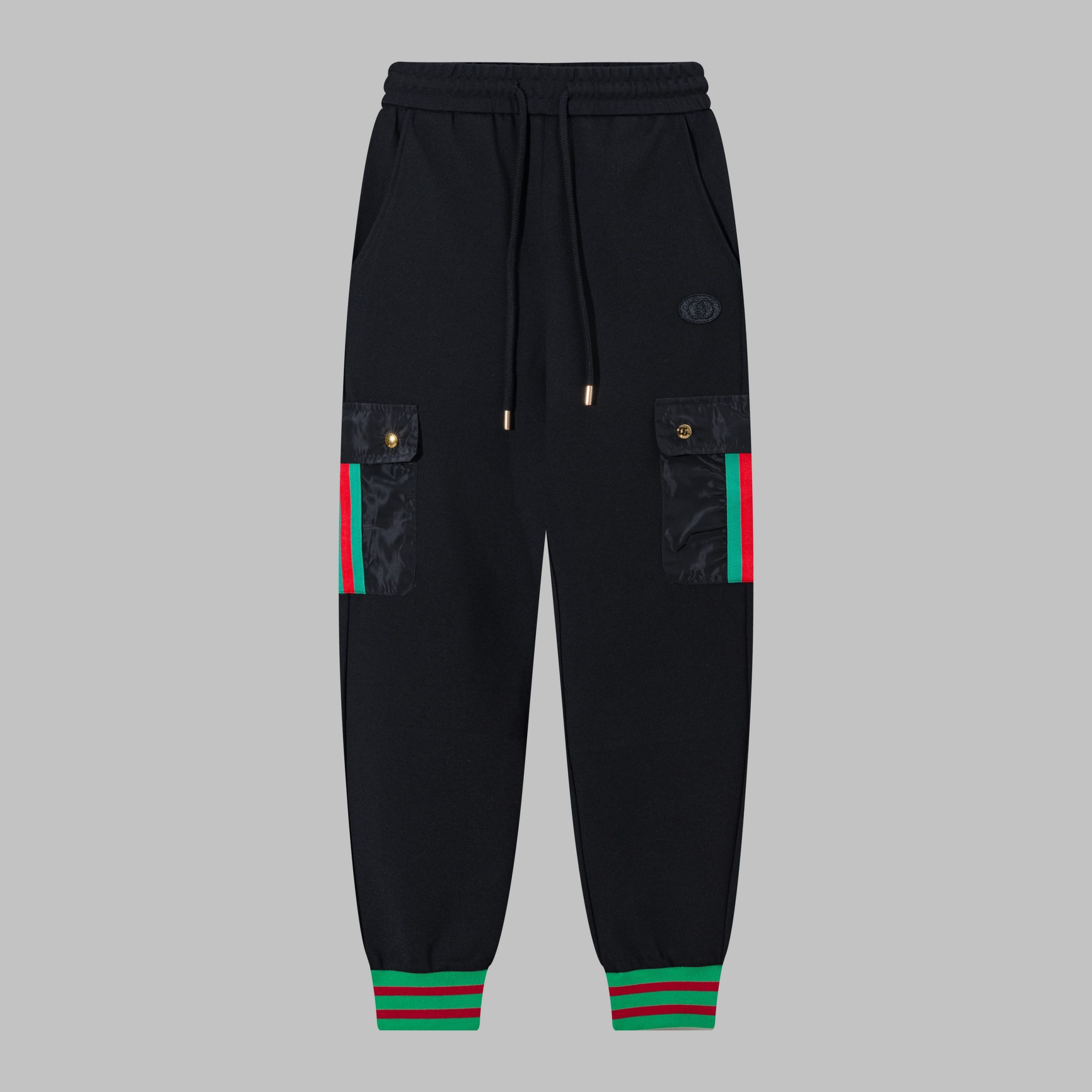 Gucci一比一黑色長褲男款雙側袋綠紅條拼色設計