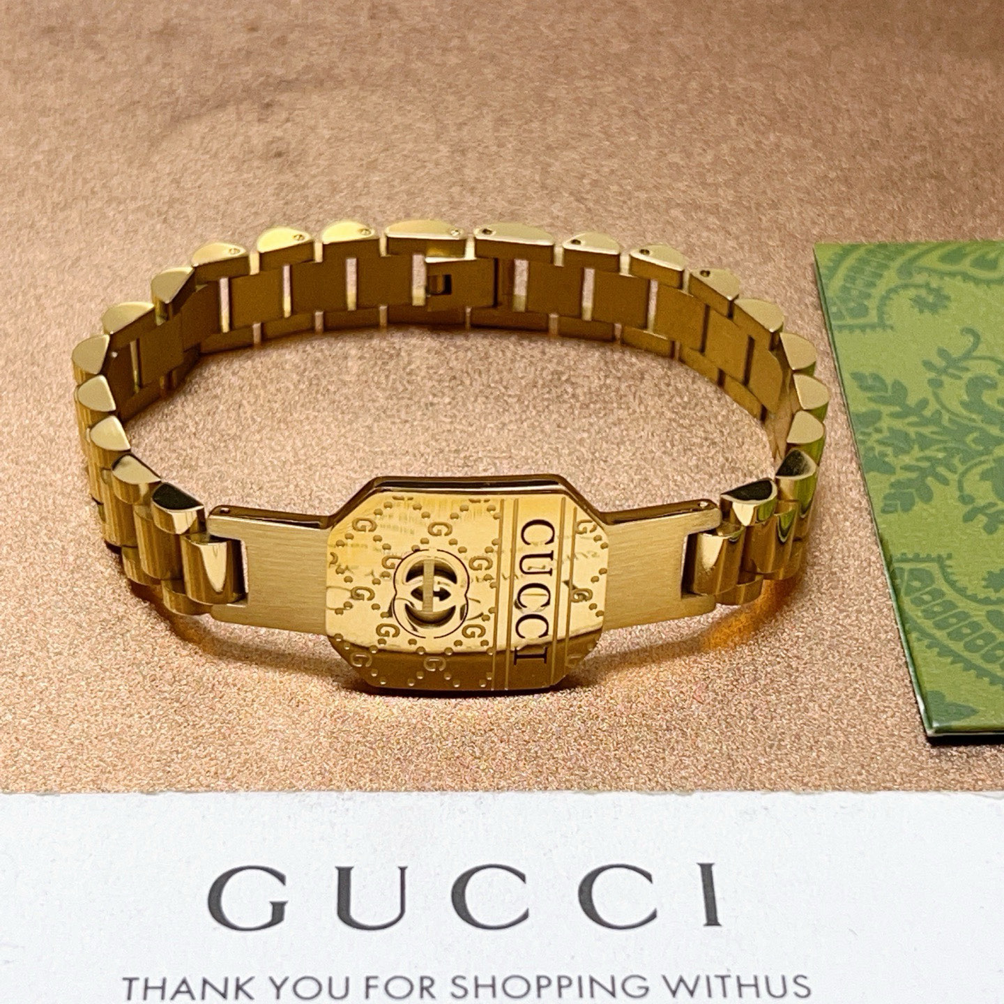 Gucci一比一金色拼接鍊帶手鍊 復古金工雕刻LOGO裝飾款｜歐美奢侈品精品推薦