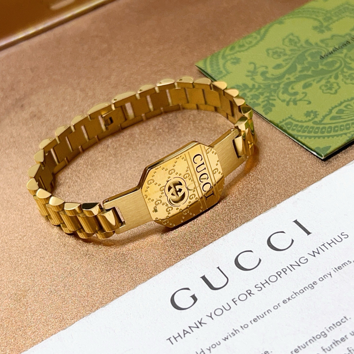 Gucci一比一金色拼接鍊帶手鍊 復古金工雕刻LOGO裝飾款｜歐美奢侈品精品推薦