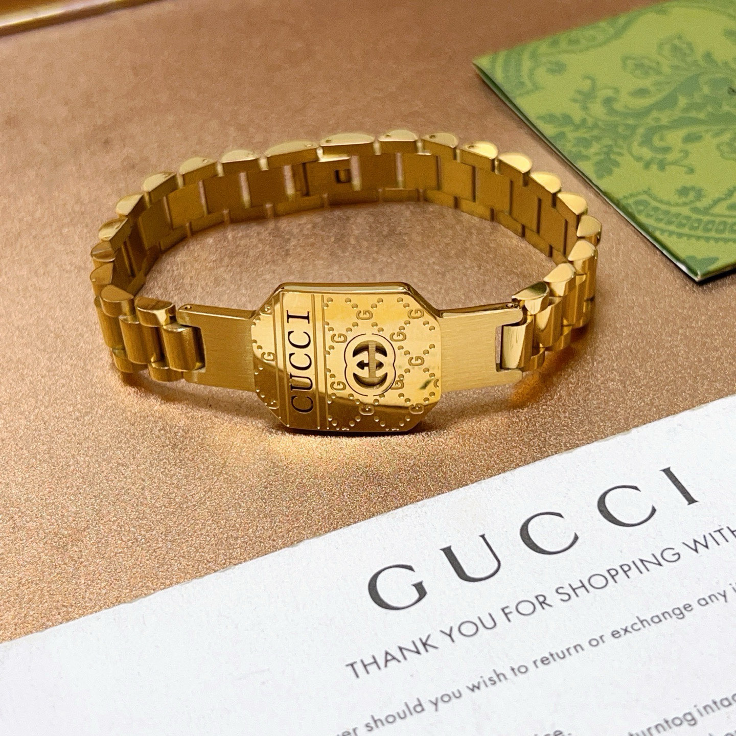 Gucci一比一金色拼接鍊帶手鍊 復古金工雕刻LOGO裝飾款｜歐美奢侈品精品推薦