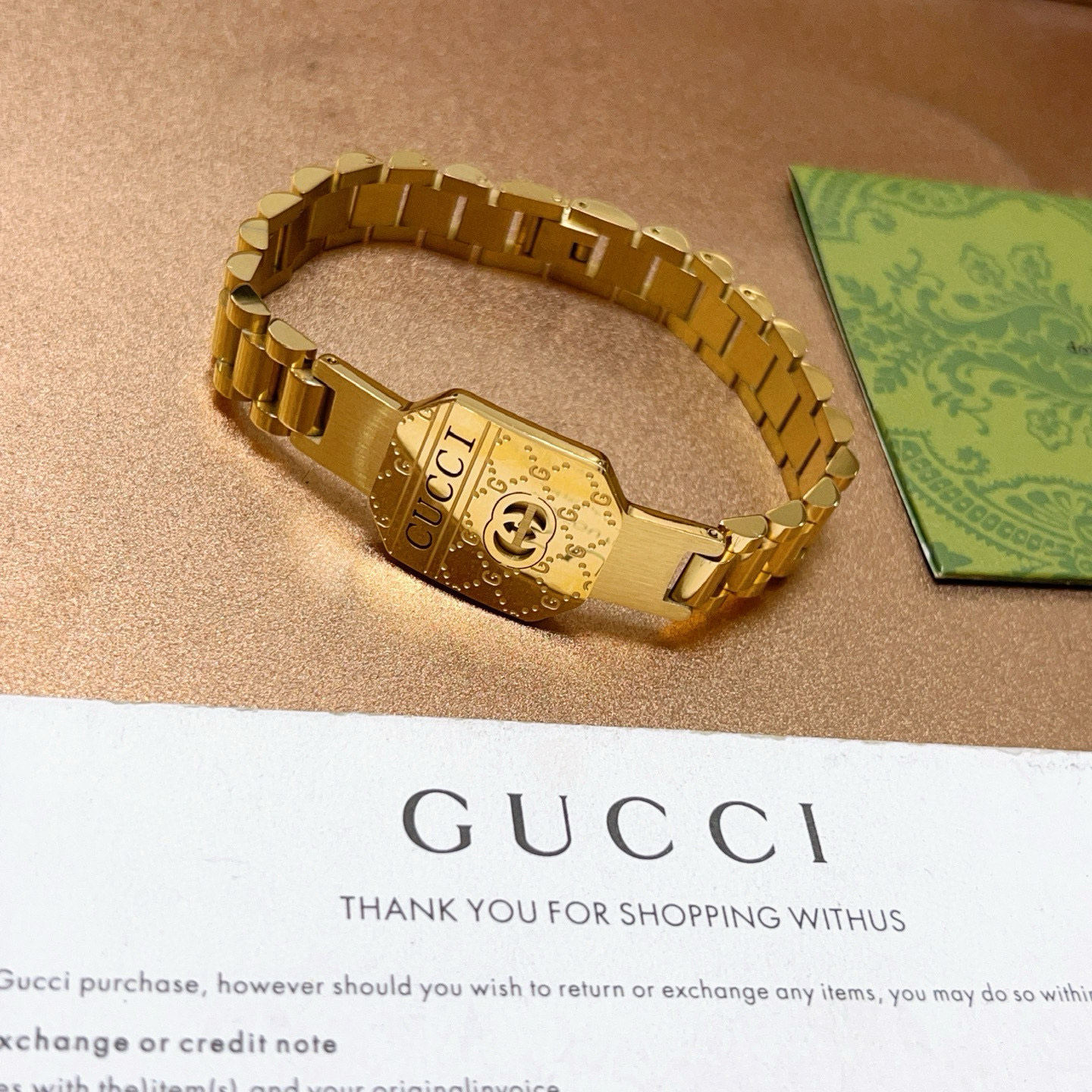 Gucci一比一金色拼接鍊帶手鍊 復古金工雕刻LOGO裝飾款｜歐美奢侈品精品推薦