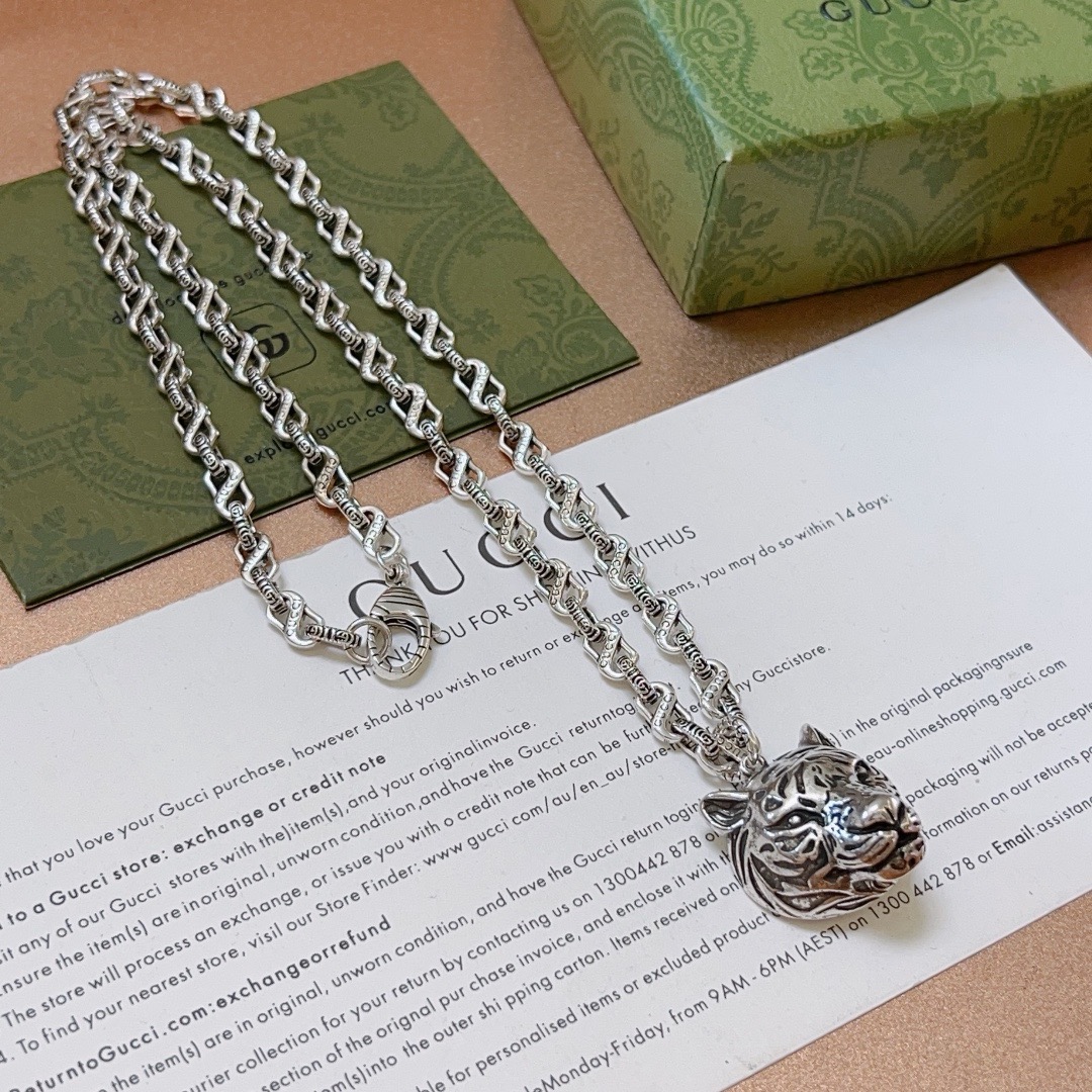 Gucci高仿虎頭造型銀鍊項鍊 男士霸氣風格街頭穿搭首選