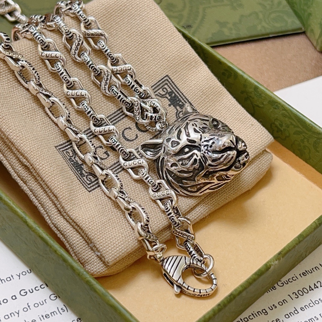 Gucci高仿虎頭造型銀鍊項鍊 男士霸氣風格街頭穿搭首選｜歐美奢侈品精品推薦