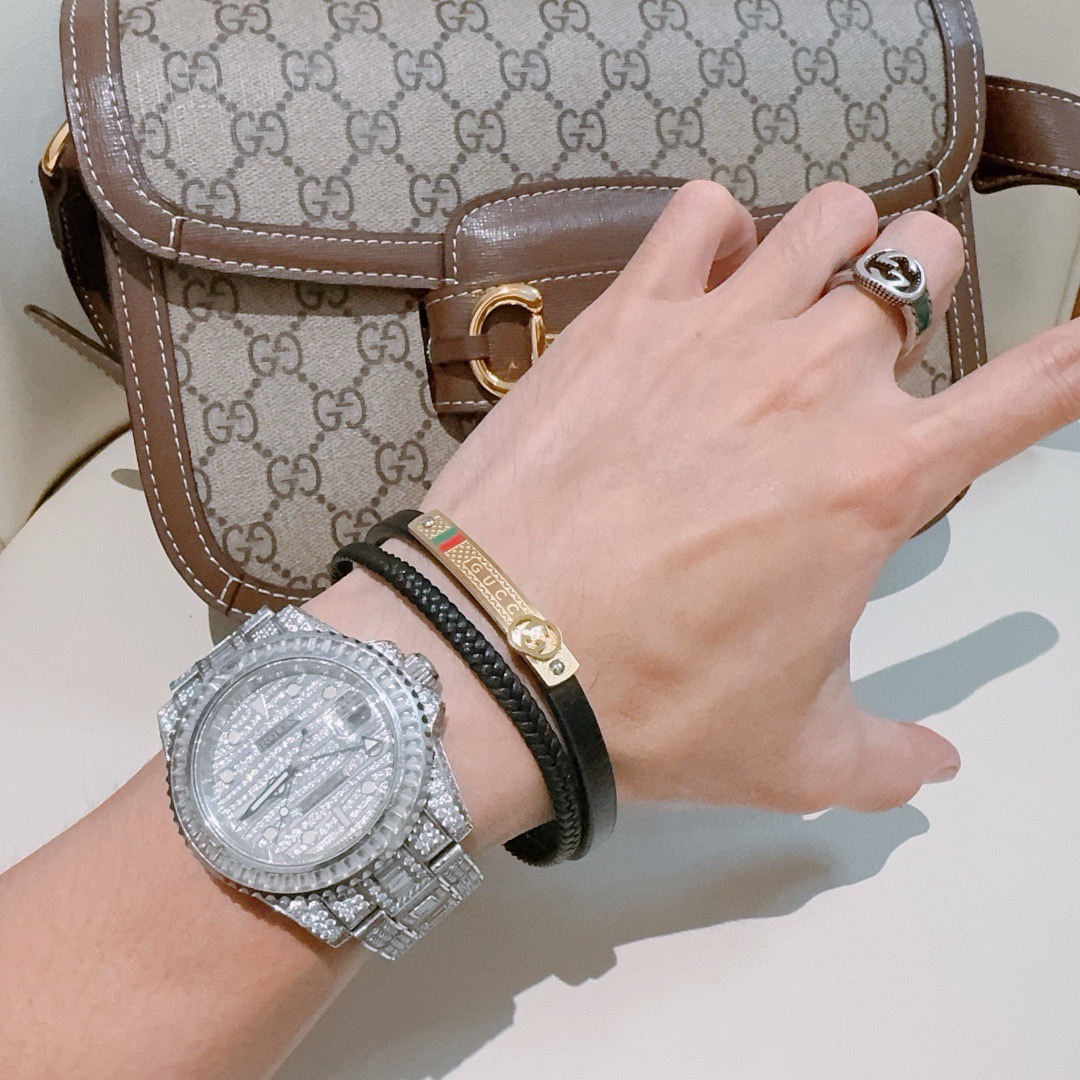 Gucci原單皮革手環男款雙圈設計金屬品牌標飾穩重風格｜歐美奢侈品精品推薦