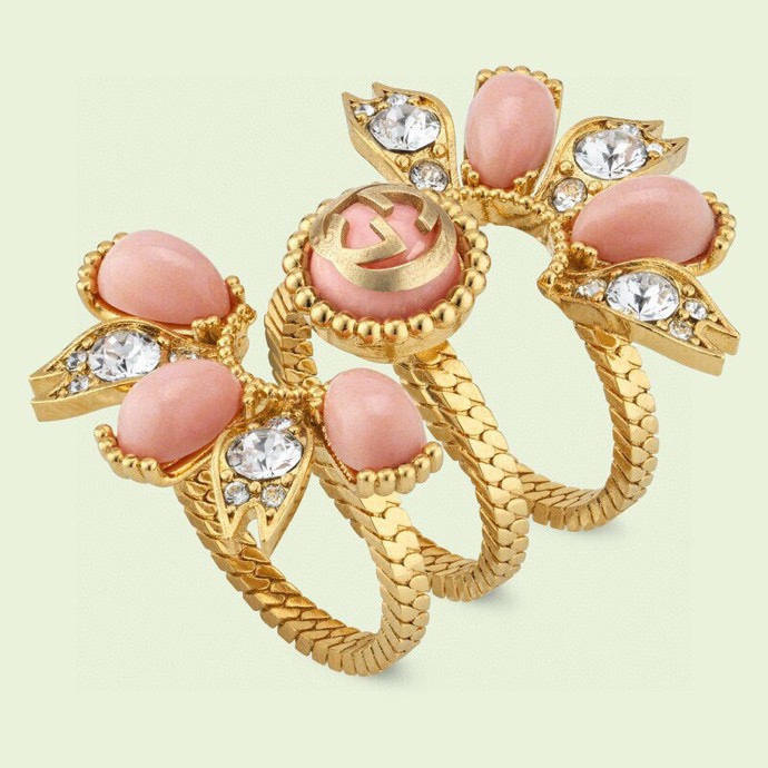 Gucci高仿三環金戒女款粉色花瓣造型水鑽設計華麗風格