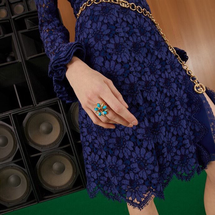 Gucci一比一三環戒指女款藍色寶石花型造型立體亮眼｜歐美奢侈品精品推薦