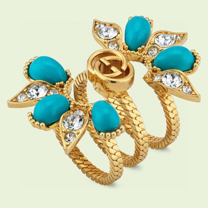 Gucci一比一三環戒指女款藍色寶石花型造型立體亮眼