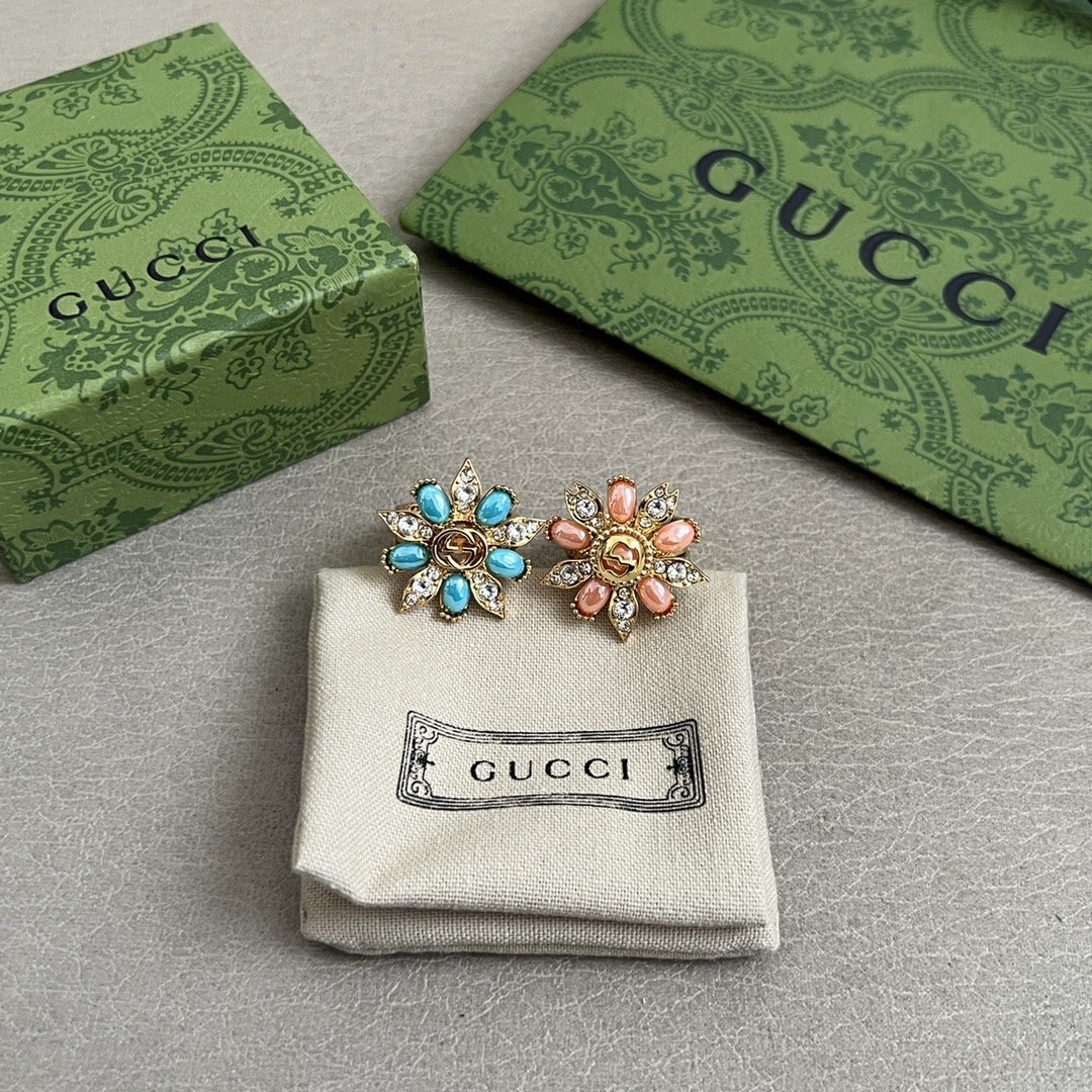 Gucci一比一三環戒指女款藍色寶石花型造型立體亮眼｜歐美奢侈品精品推薦