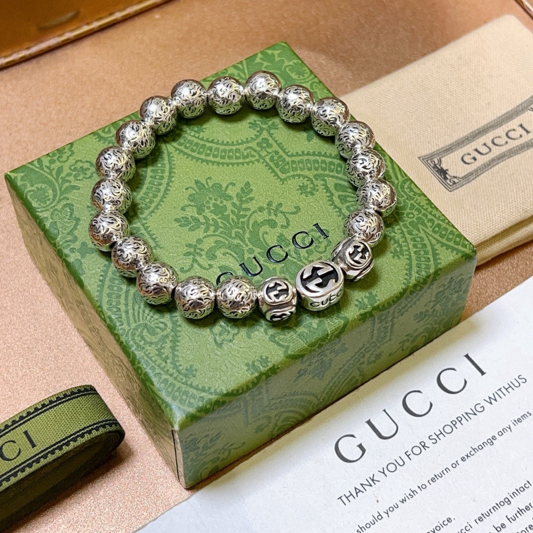 Gucci高仿復古銀珠串手鍊 男款雙G雕刻造型潮感飾品
