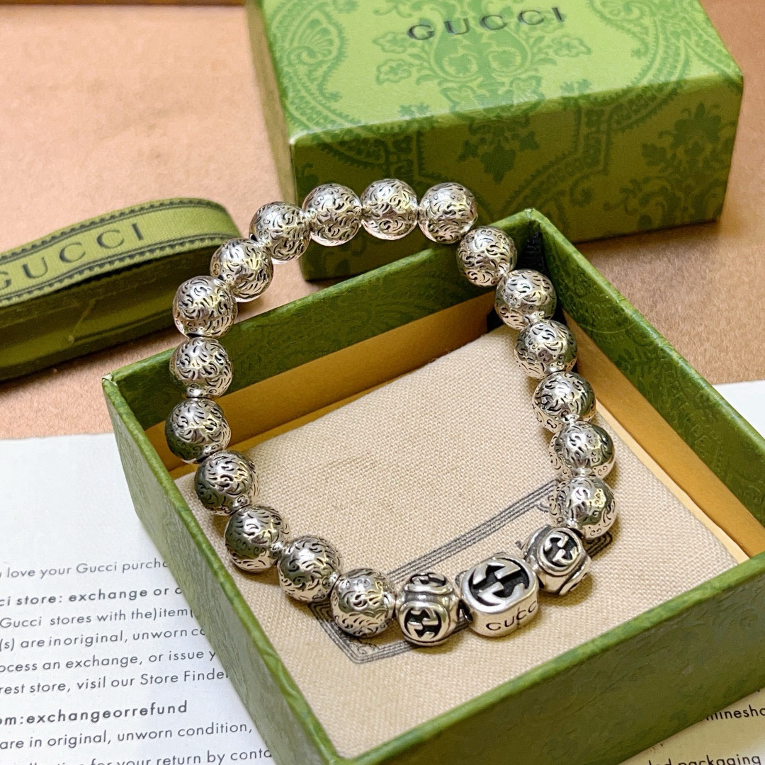 Gucci高仿復古銀珠串手鍊 男款雙G雕刻造型潮感飾品｜歐美奢侈品精品推薦