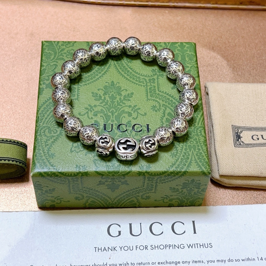 Gucci高仿復古銀珠串手鍊 男款雙G雕刻造型潮感飾品｜歐美奢侈品精品推薦