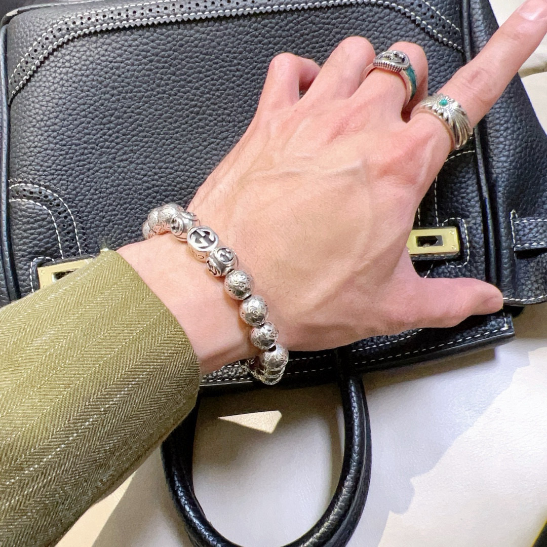 Gucci高仿復古銀珠串手鍊 男款雙G雕刻造型潮感飾品｜歐美奢侈品精品推薦
