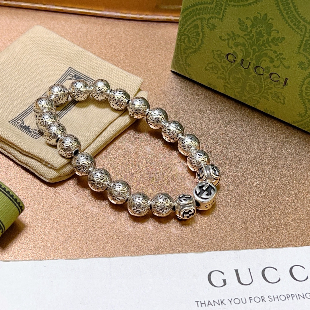 Gucci高仿復古銀珠串手鍊 男款雙G雕刻造型潮感飾品｜歐美奢侈品精品推薦