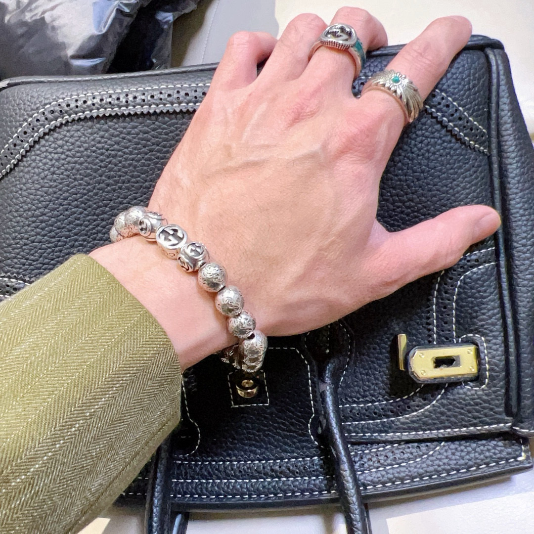 Gucci高仿復古銀珠串手鍊 男款雙G雕刻造型潮感飾品｜歐美奢侈品精品推薦