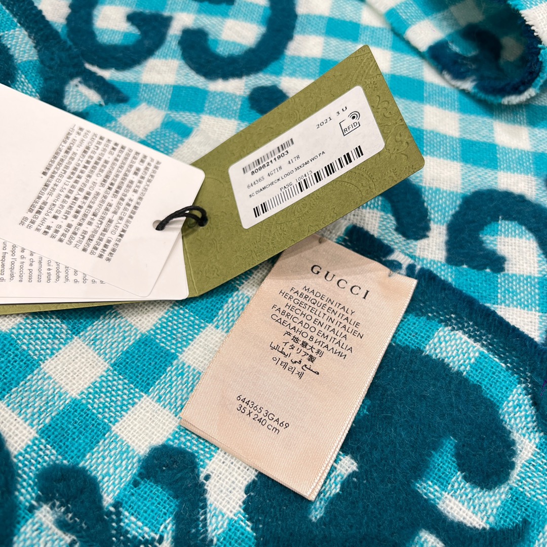 Gucci高仿格紋GG圍巾 碧藍色經典LOGO滿版 雙面保暖款式｜歐美奢侈品精品推薦