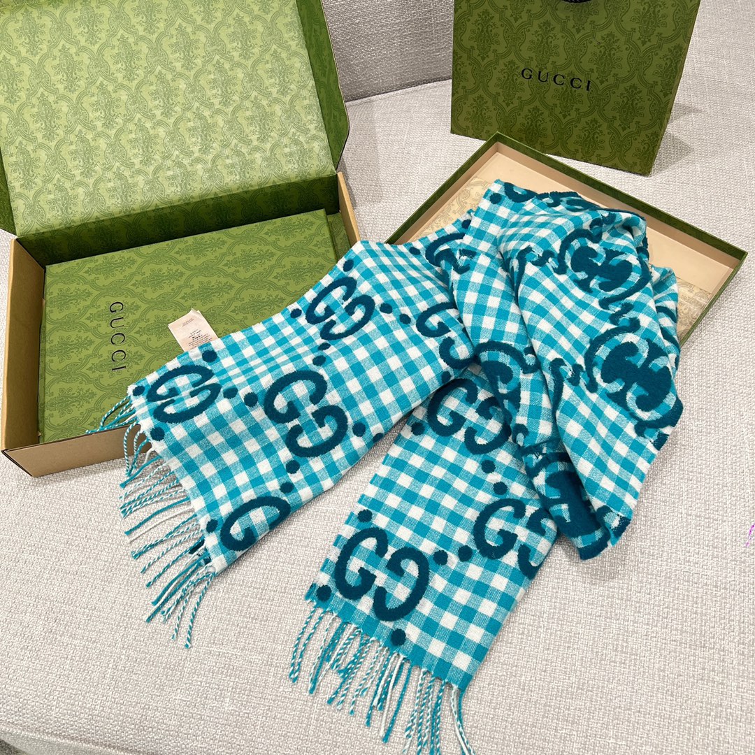 Gucci高仿格紋GG圍巾 碧藍色經典LOGO滿版 雙面保暖款式