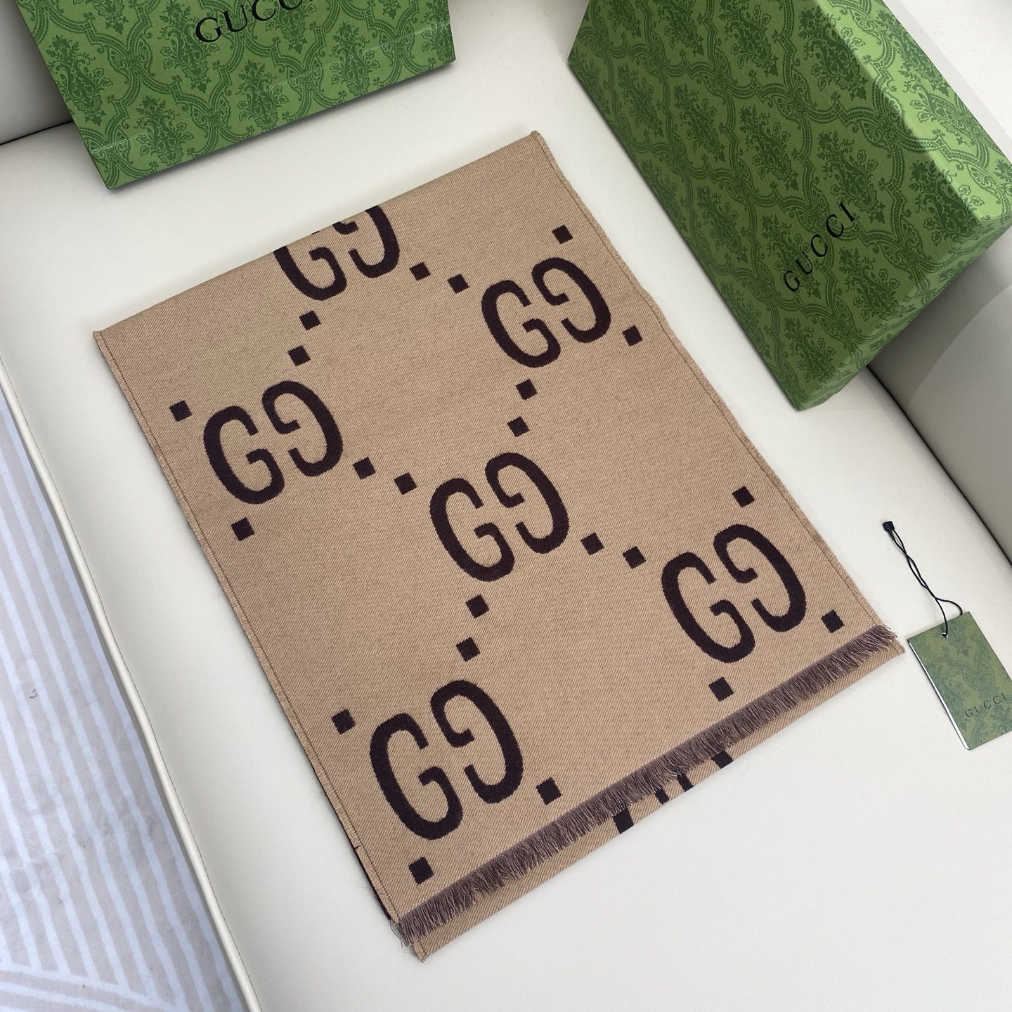 Gucci一比一丹寧藍復古GG羊毛圍巾 流蘇寬版設計｜歐美奢侈品精品推薦