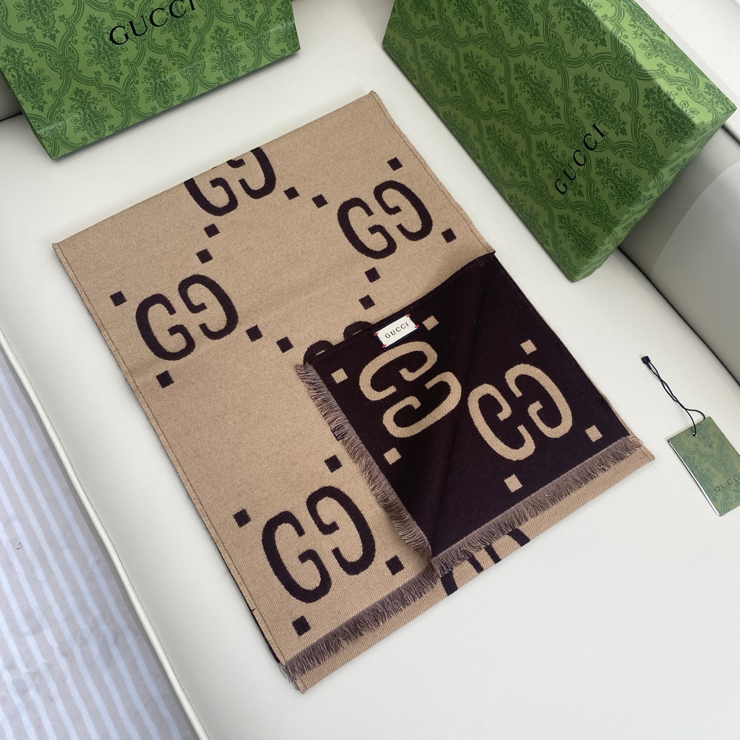 Gucci一比一丹寧藍復古GG羊毛圍巾 流蘇寬版設計｜歐美奢侈品精品推薦